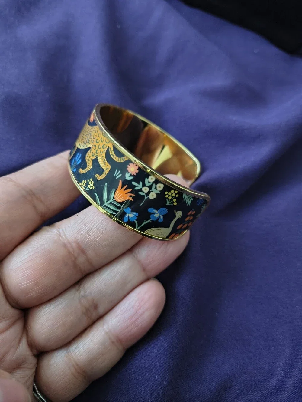 Rifle Paper Co. Menagerie Print Enamel And Gold Plated Brass Cuff. Estate Find